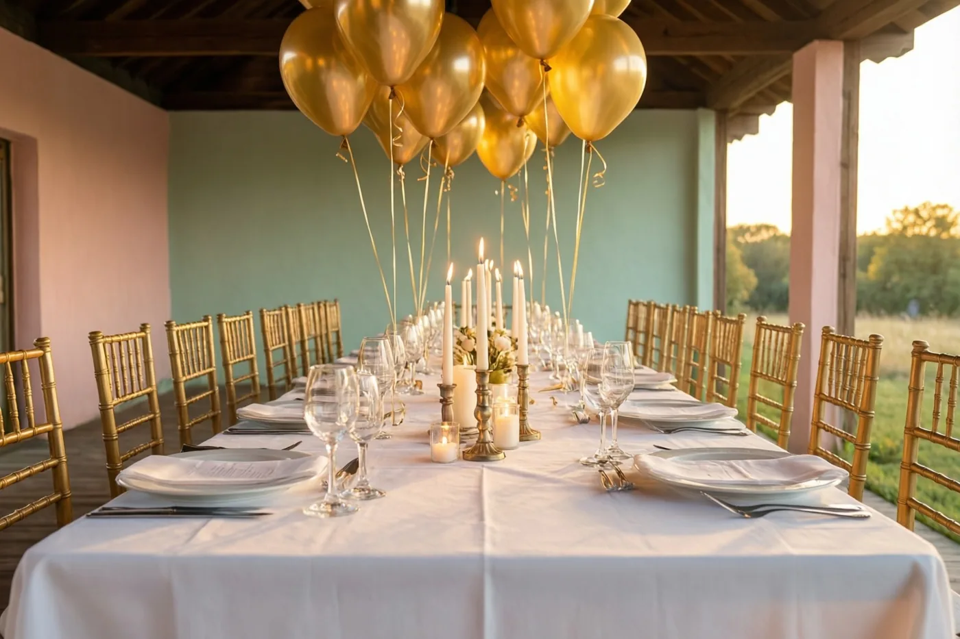 Een lange tafel met wit linnen en kaarsen staat onder een overdekt terras in het zachte licht van de ondergaande zon, met gouden ballonnen erboven.