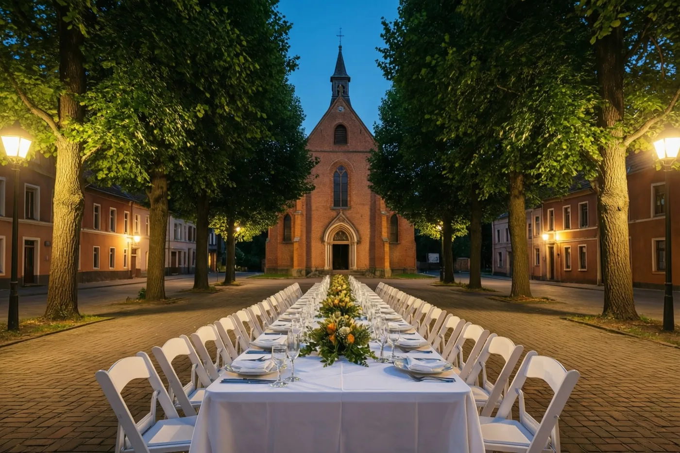Een lange witte feesttafel met rijen witte stoelen staat tussen hoge lindebomen op een gekasseid dorpsplein, verlicht door straatlampen bij schemering met een rode bakstenen kerk onder een diepblauwe hemel.