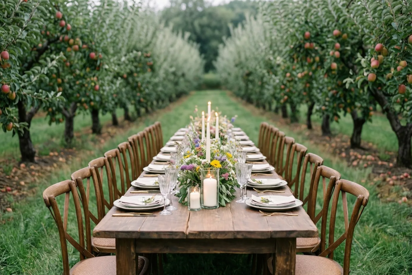 Een lange houten tafel met witte borden, glazen, brandende kaarsen en veldbloemen staat tussen appelbomen vol vruchten.
