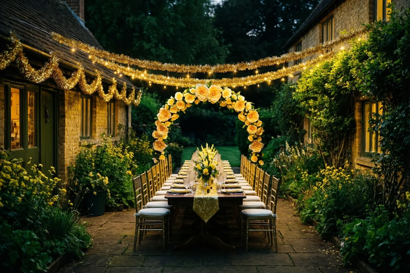 Een lange feesttafel staat op de stenen binnenplaats van een hoeve, met gouden slingers, een bloemenboog, gele rozen, groen en warme verlichting.