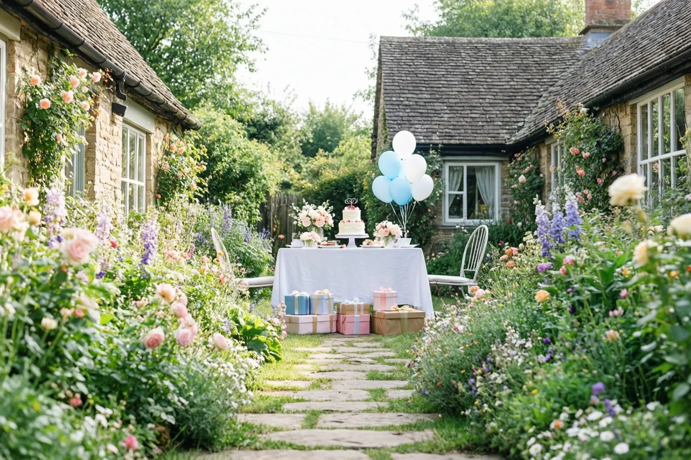 Een stenen pad loopt door een tuin met roze, paarse en witte bloemen naar een tafel met taart, ballonnen en cadeaus, omringd door stenen huisjes met klimop en rozen.