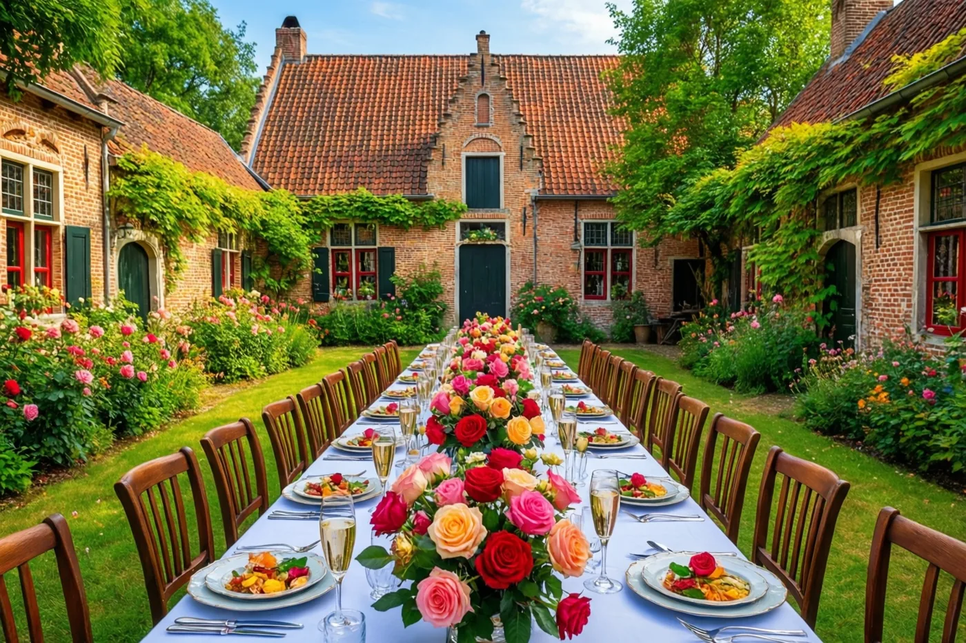 Een lange feesttafel met kleurrijke rozen en champagneglazen staat tussen traditionele Vlaamse bakstenen huizen met rode pannendaken, groen en bloeiende bloemen onder een helderblauwe hemel.