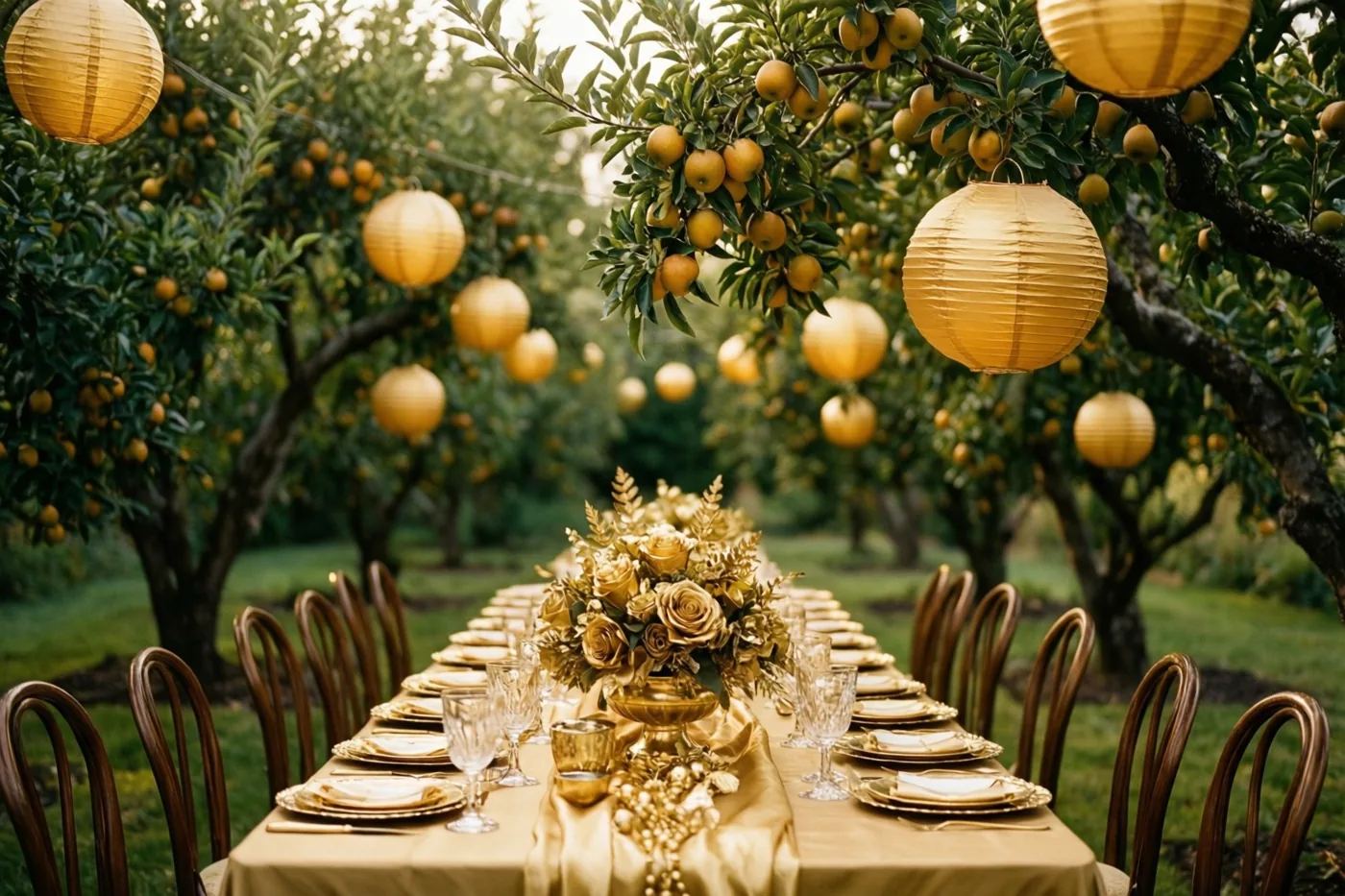 Een lange feesttafel met gouden versiering staat tussen oude fruitbomen vol vruchten en hangende papieren lampionnen, in warm gouden licht.