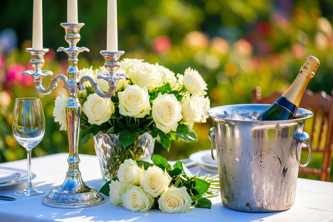 Een elegant gedekte buitentafel voor twee heeft zilveren kandelaars, een boeket witte rozen en een champagnefles in een ijsemmer, met fel zonlicht en een onscherpe tuin op de achtergrond.