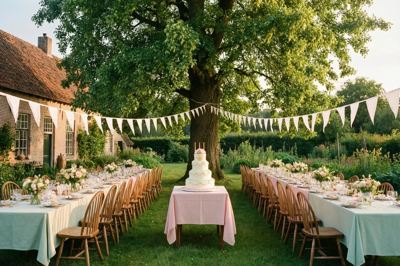 In een tuin staan lange feesttafels onder een grote lindeboom met witte vlaggetjes, met groene begroeiing, lichtblauwe tafelkleden en een roze kleed op de taarttafel.