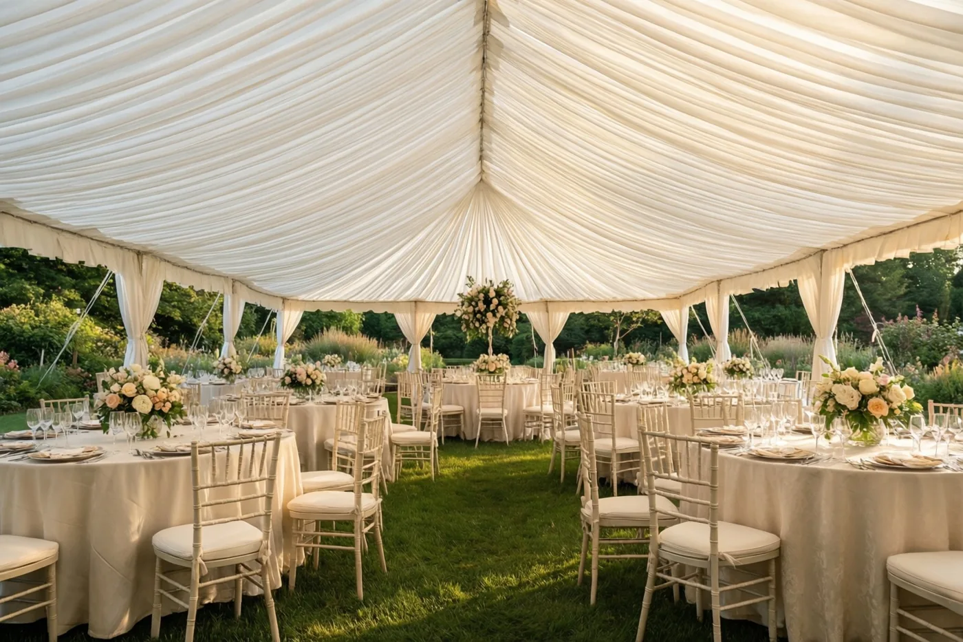 Een grote witte tent staat in een groene tuin met ronde tafels, witte tafelkleden en bloemstukken in zacht daglicht.