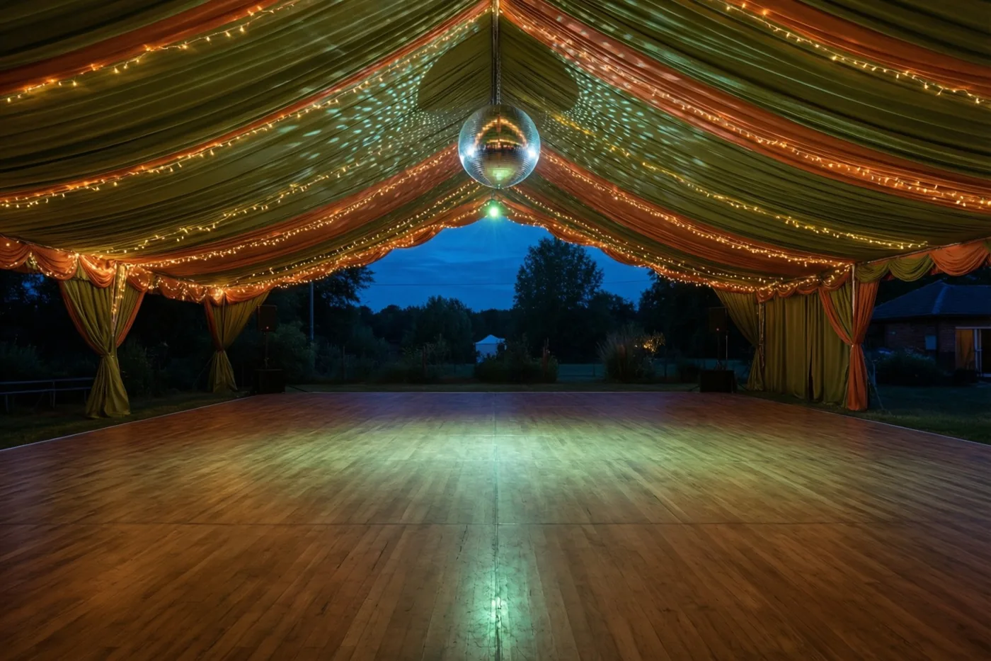 Een lege houten dansvloer ligt onder een gedrapeerde feesttent met lichtslingers en een discobal, met een donkerblauwe schemerhemel zichtbaar aan de open achterkant.