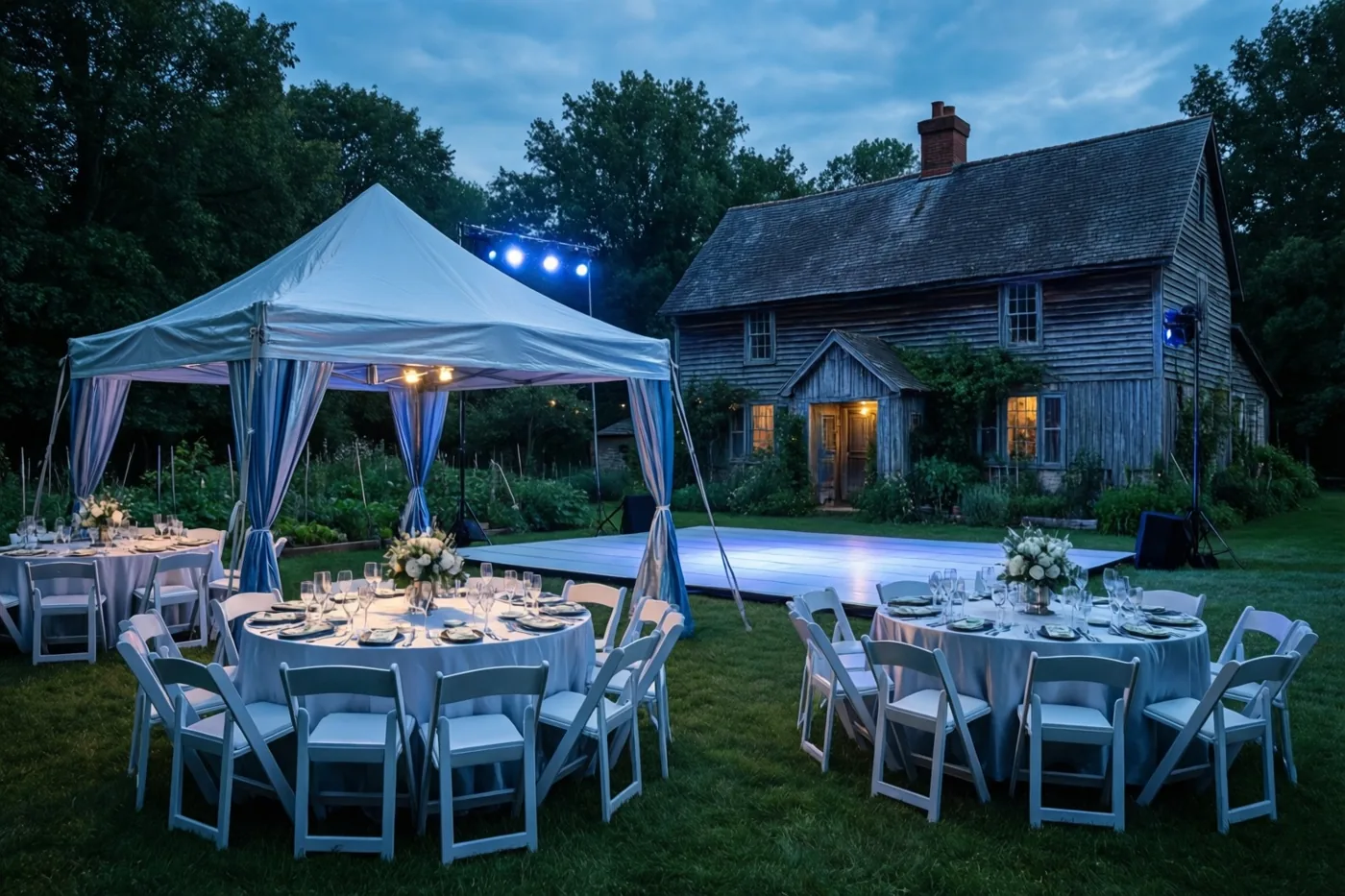 Ronde tafels staan onder een witte feesttent naast een dansvloer op het gras bij een oude houten hoeve, verlicht met zacht blauw en wit licht in de avond.
