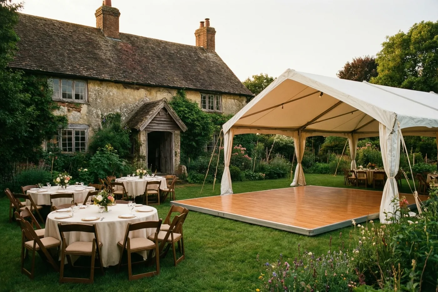 Een witte feesttent met een houten dansvloer, ronde tafels met witte tafellakens en stoelen staat naast een oude stenen hoeve tussen groen en wilde bloemen.