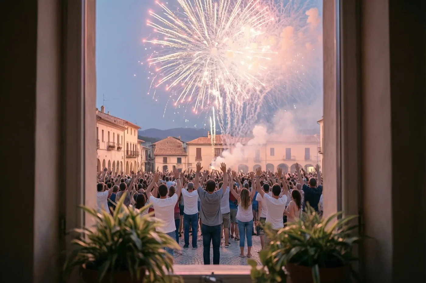 Door een raam is een menigte op een stadsplein te zien die de armen heft naar vuurwerk in warm avondlicht met blauwe en oranje tinten.