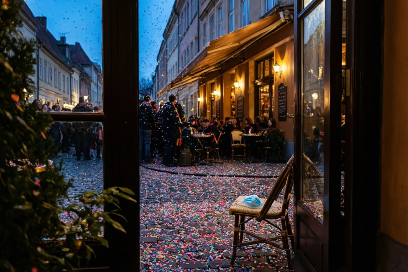 Door een open deuropening zie je mensen feestvieren op een kasseistraat vol confetti voor een warm verlicht bruin café onder een blauwe avondhemel.