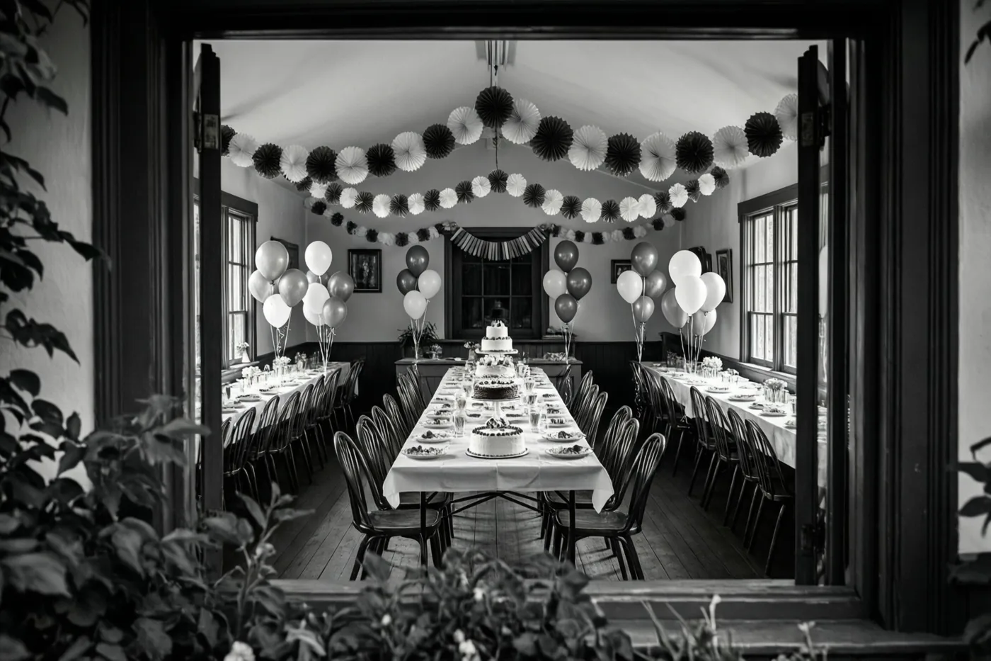 Op een zwart-witfoto is door een open deuropening een lange gedekte feesttafel in een dorpszaal met papieren slingers en ballonnen te zien.