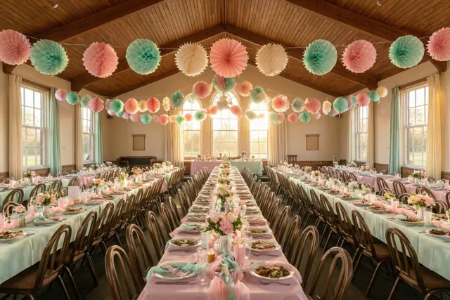 In een lange feestzaal hangen kleurrijke papieren pomponslingers aan het houten plafond boven rijen gedekte tafels, in pastelroze, mintgroen en crème.