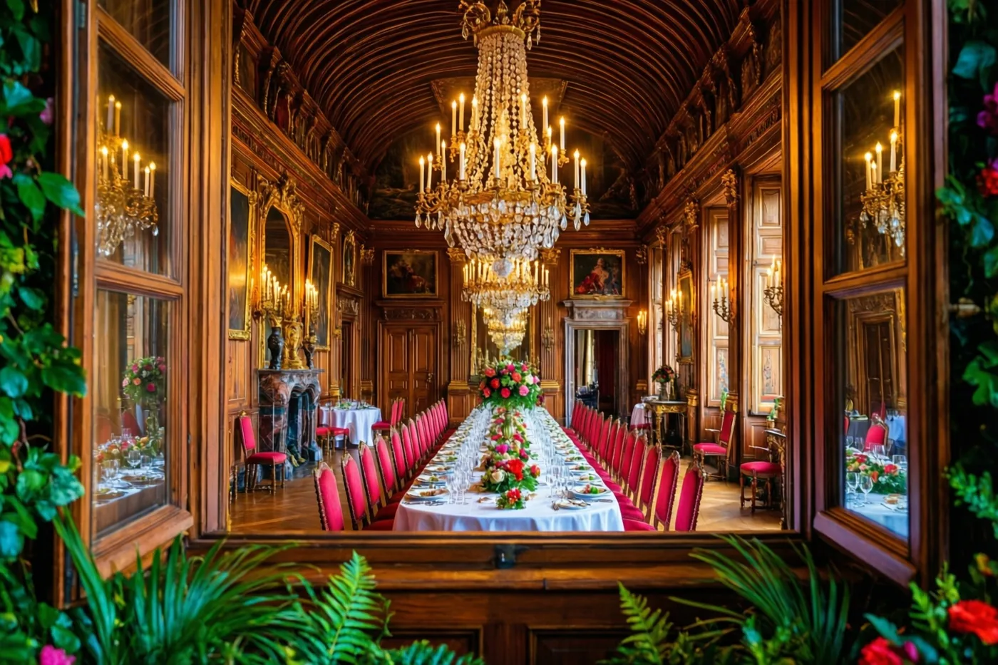 Een lange tafel met witte tafelkleden staat gedekt in een sierlijke zaal met hoge houten plafonds, kroonluchters en roodbeklede stoelen.