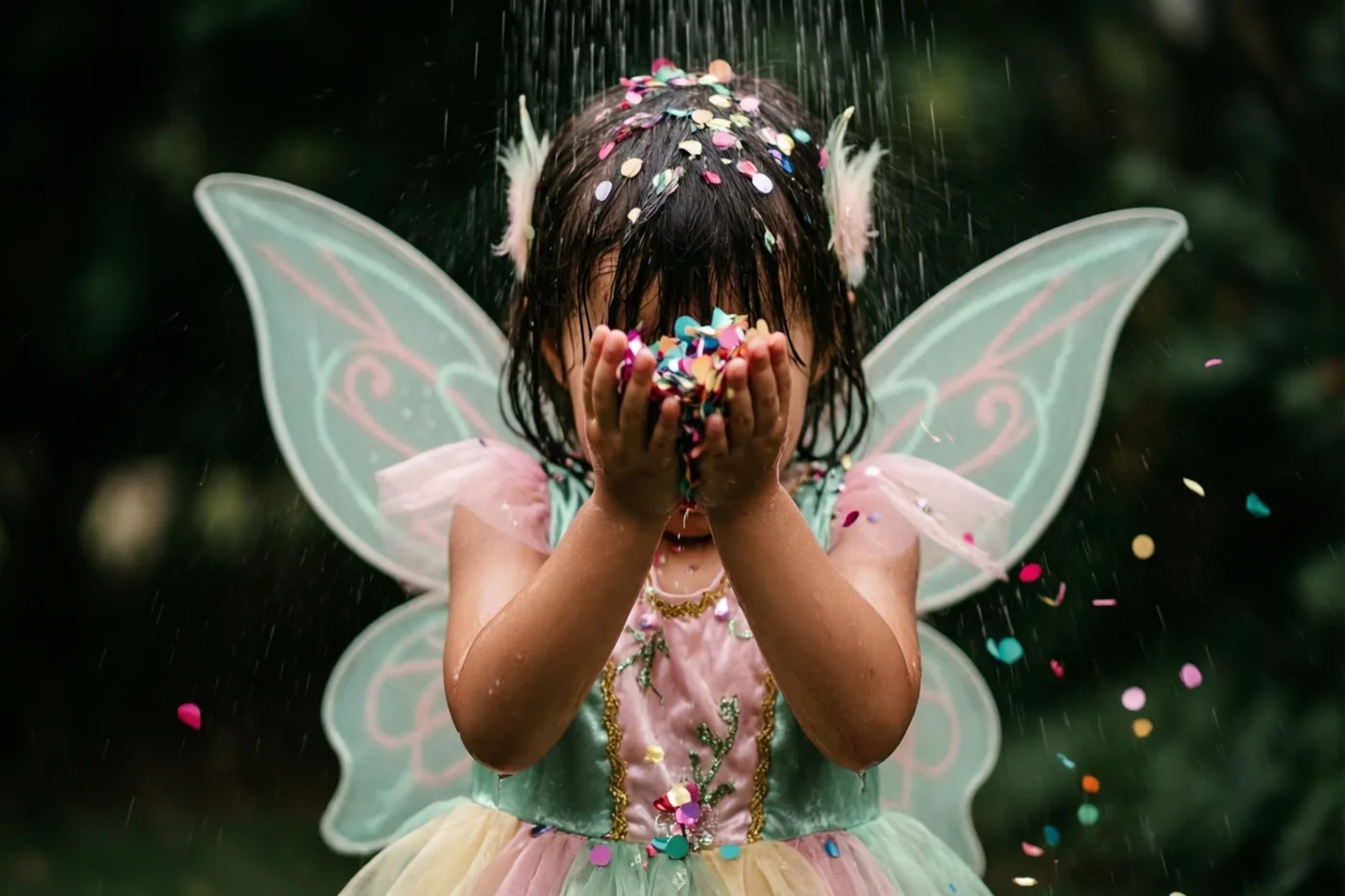 Een jong meisje in een feeënkostuum met doorschijnende vleugels houdt buiten confetti in haar handen met haar gezicht verborgen, terwijl regen valt tegen een donkere, wazige natuurlijke achtergrond.