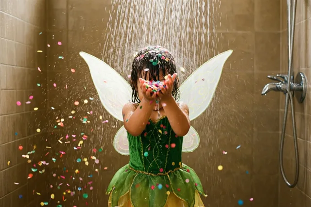 Een carnavalsfee onder de douche