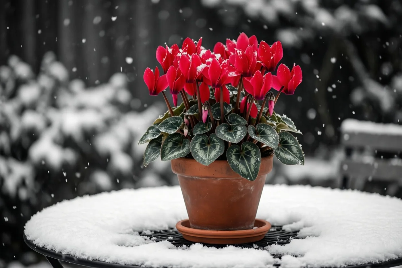Een terracotta pot met felrode cyclamen staat op een besneeuwde tuintafel, met vallende sneeuw tegen een monochrome tuinachtergrond.