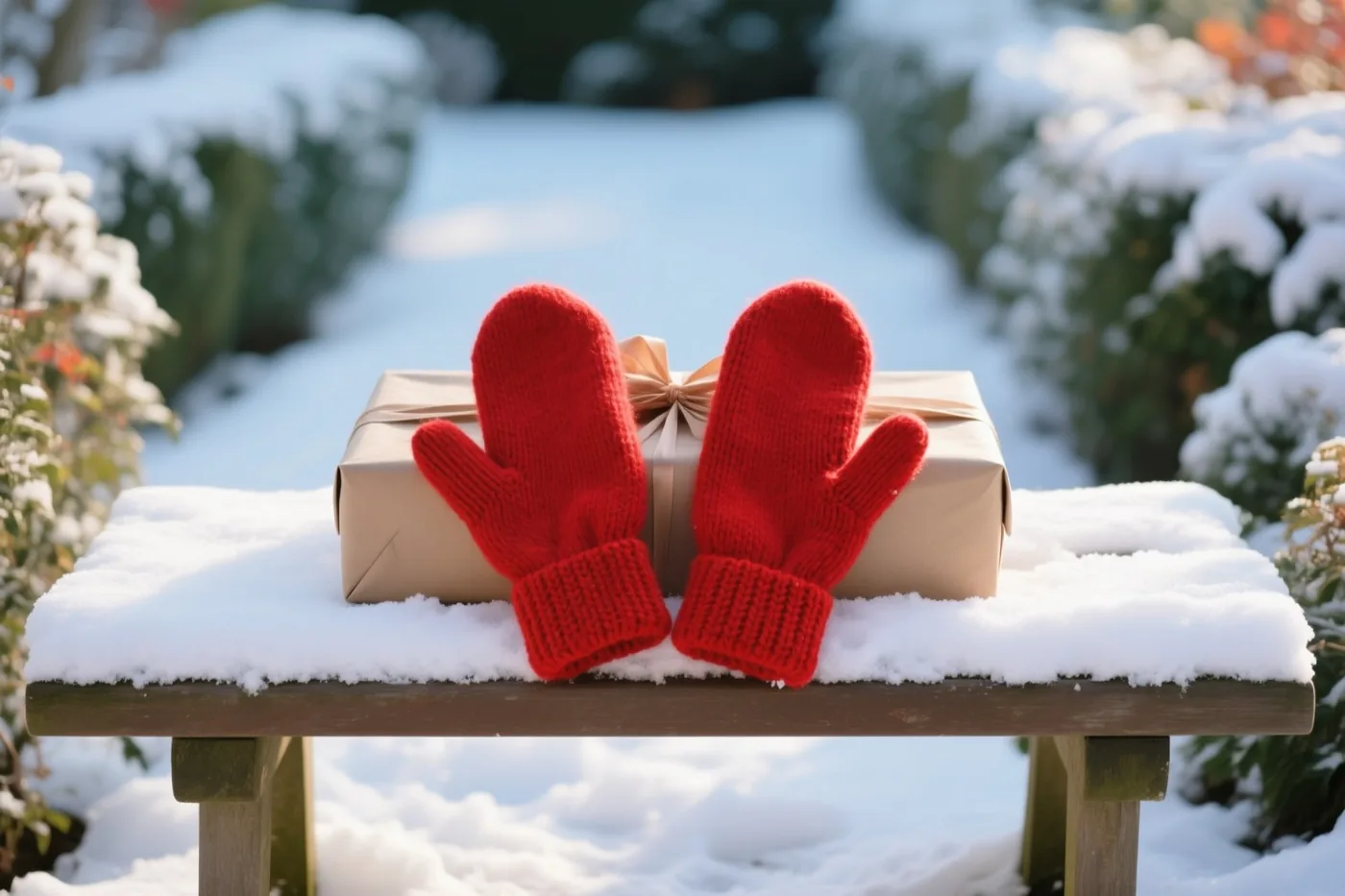 Felrode gebreide wanten en een cadeau in bruin papier met een lint liggen op een besneeuwde houten bank, met besneeuwde struiken in de tuin op de achtergrond.