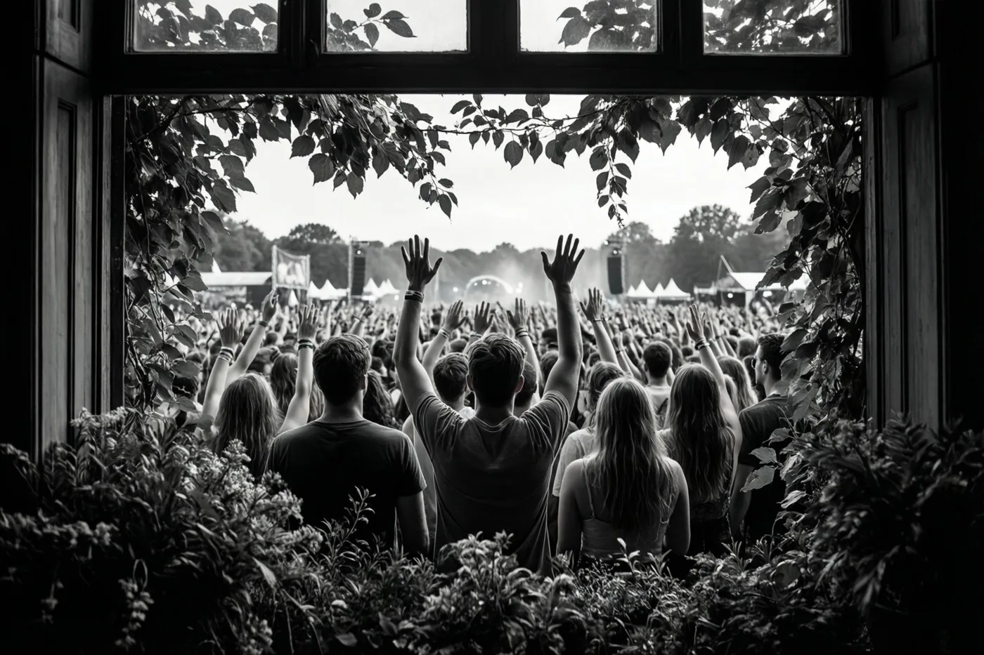 Een zwart-witfoto toont door een raam met gebladerte een menigte van achteren met opgeheven handen op een zomers openluchtfestival.