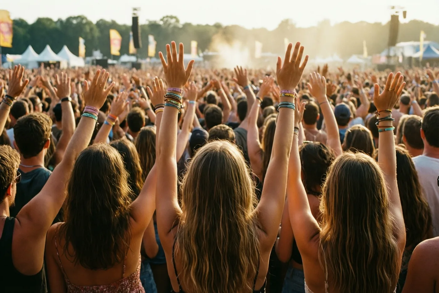 Een grote menigte is van achteren te zien met opgeheven handen op een zomers openluchtmuziekfestival in warm goudkleurig zonlicht.