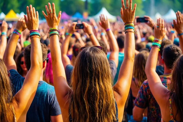 Festivalbezoekers in kleurrijke kleding en met felle armbandjes zijn van achteren te zien met opgeheven handen op een zomers openluchtfestival.