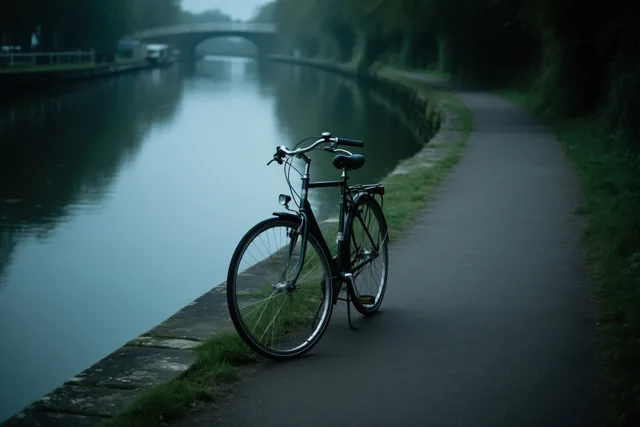 Een fiets staat op een pad langs kalm kanaalwater, met een brug in de verte en nevel in koele blauwe en groene tinten.