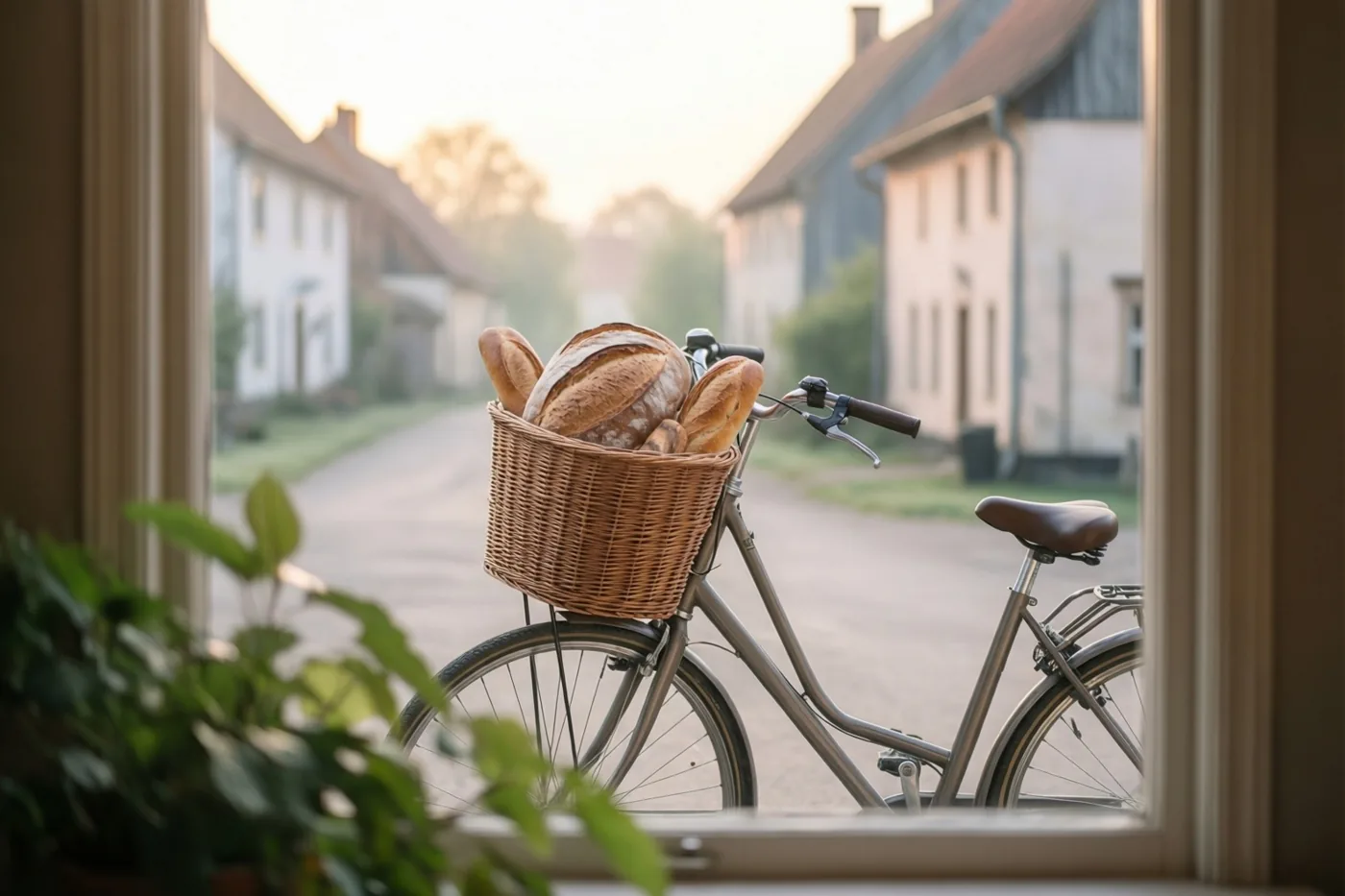 Door een raam is een fiets met een rieten mand vol brood voor een dorpsbakkerij te zien, met een potplant op de voorgrond en ochtendlicht over de onscherpe gebouwen.