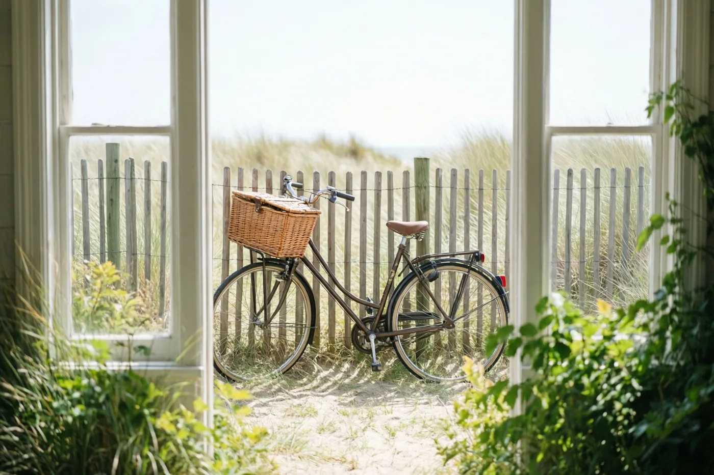 Door een raam met een wit kozijn is een oude fiets met een rieten mand te zien tegen een houten duinhek, met groen op de voorgrond in fel zonlicht.