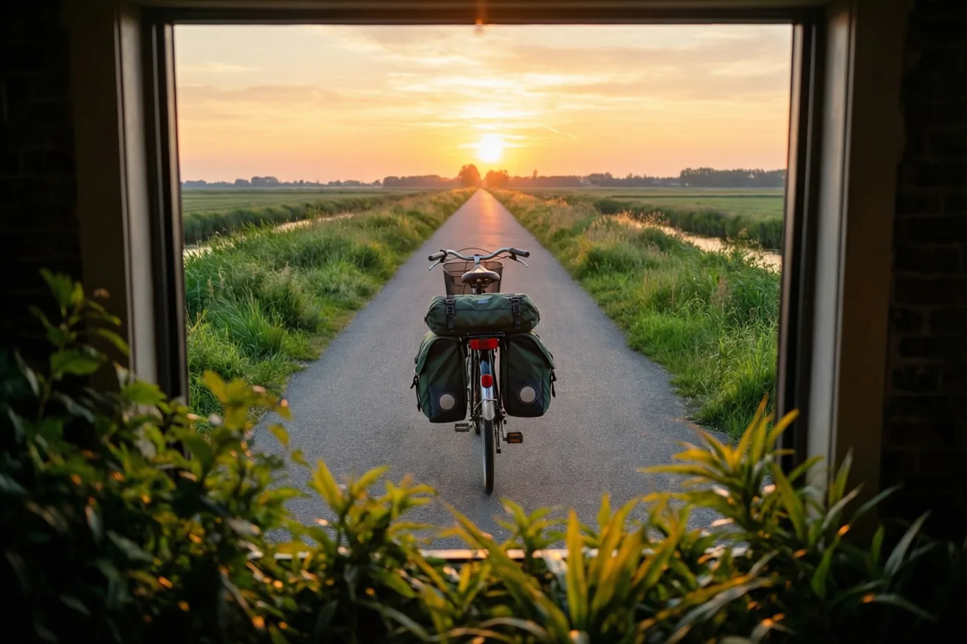 Door een raam is een fiets met groene fietstassen te zien op een rechte dijkweg richting de ondergaande zon, met gras aan weerszijden.