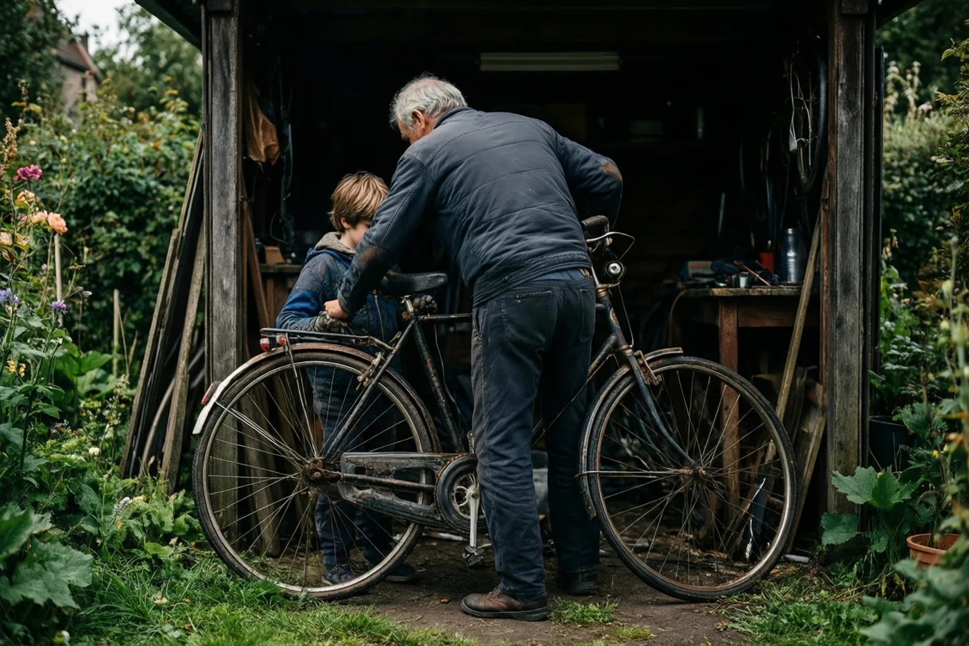 Een oudere man en een jong kind herstellen met hun rug naar de kijker een oude zwarte fiets in een rustiek tuinhuis, omringd door groen en daglicht.