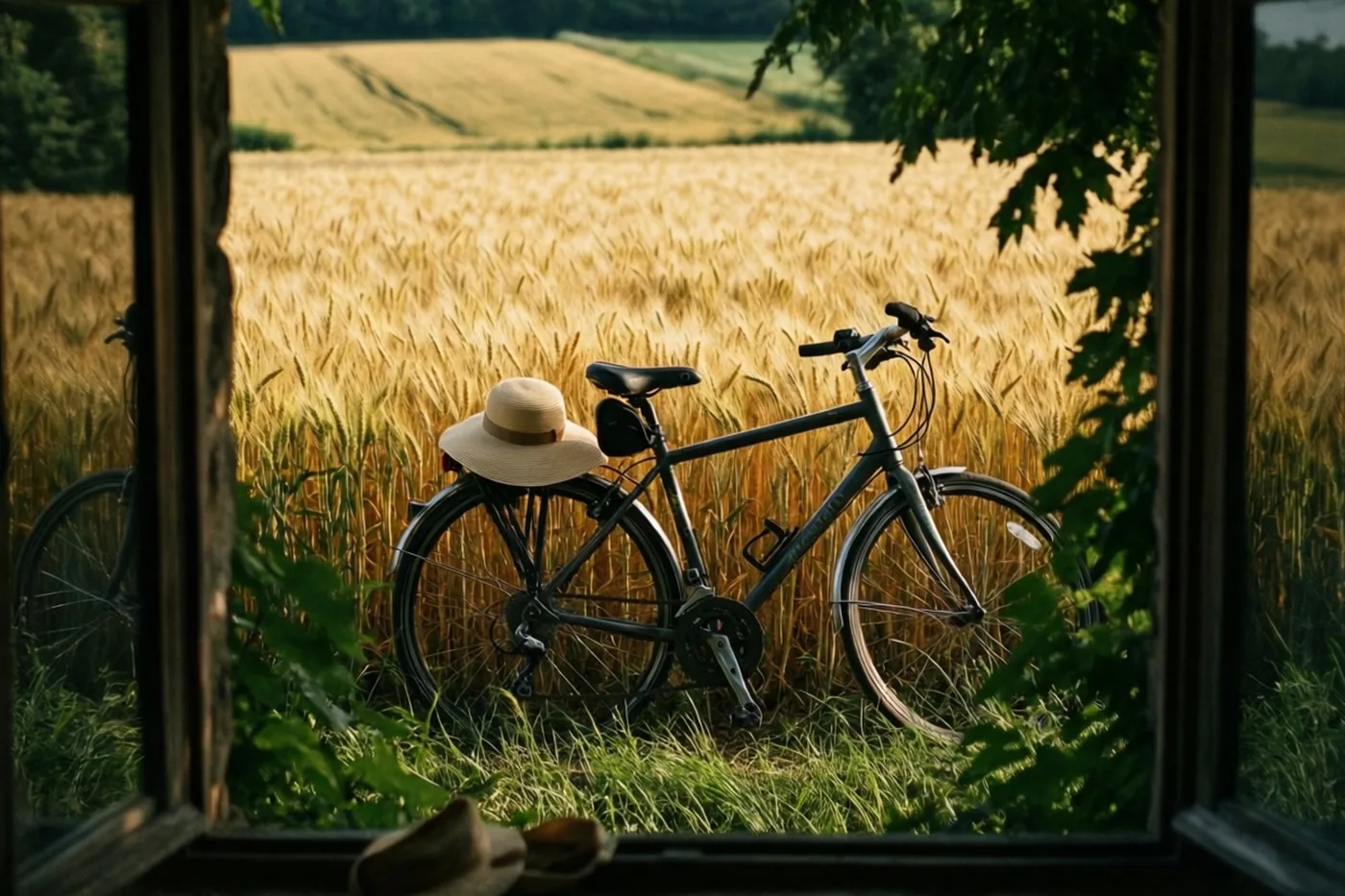 Door een open raam is een toerfiets met een zonnehoed op de bagagedrager te zien in een goudgeel tarweveld in warm zonlicht.