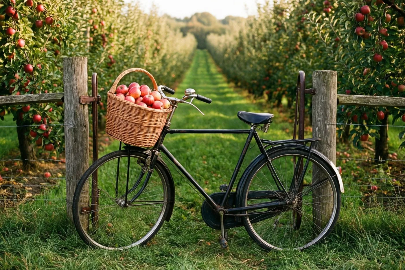 Een oude zwarte fiets met een rieten mand vol rode appels leunt tegen een houten hek in een appelboomgaard in warm goudkleurig zonlicht.