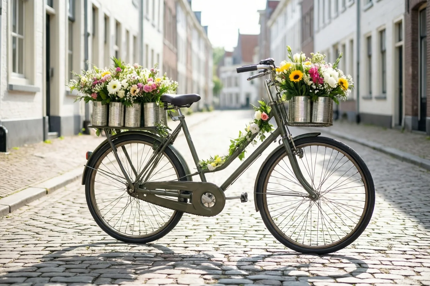 Een fiets in oude stijl met kleurrijke bloemen in blikken staat op een kasseistraat met gebouwen aan weerszijden.