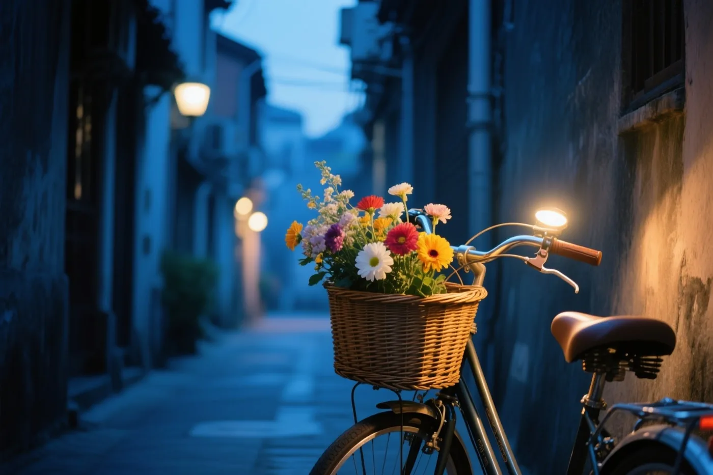 Een fiets met een mand vol kleurrijke bloemen staat bij schemering in een smal steegje, met koele blauwe tinten en warm licht van straatlampen.