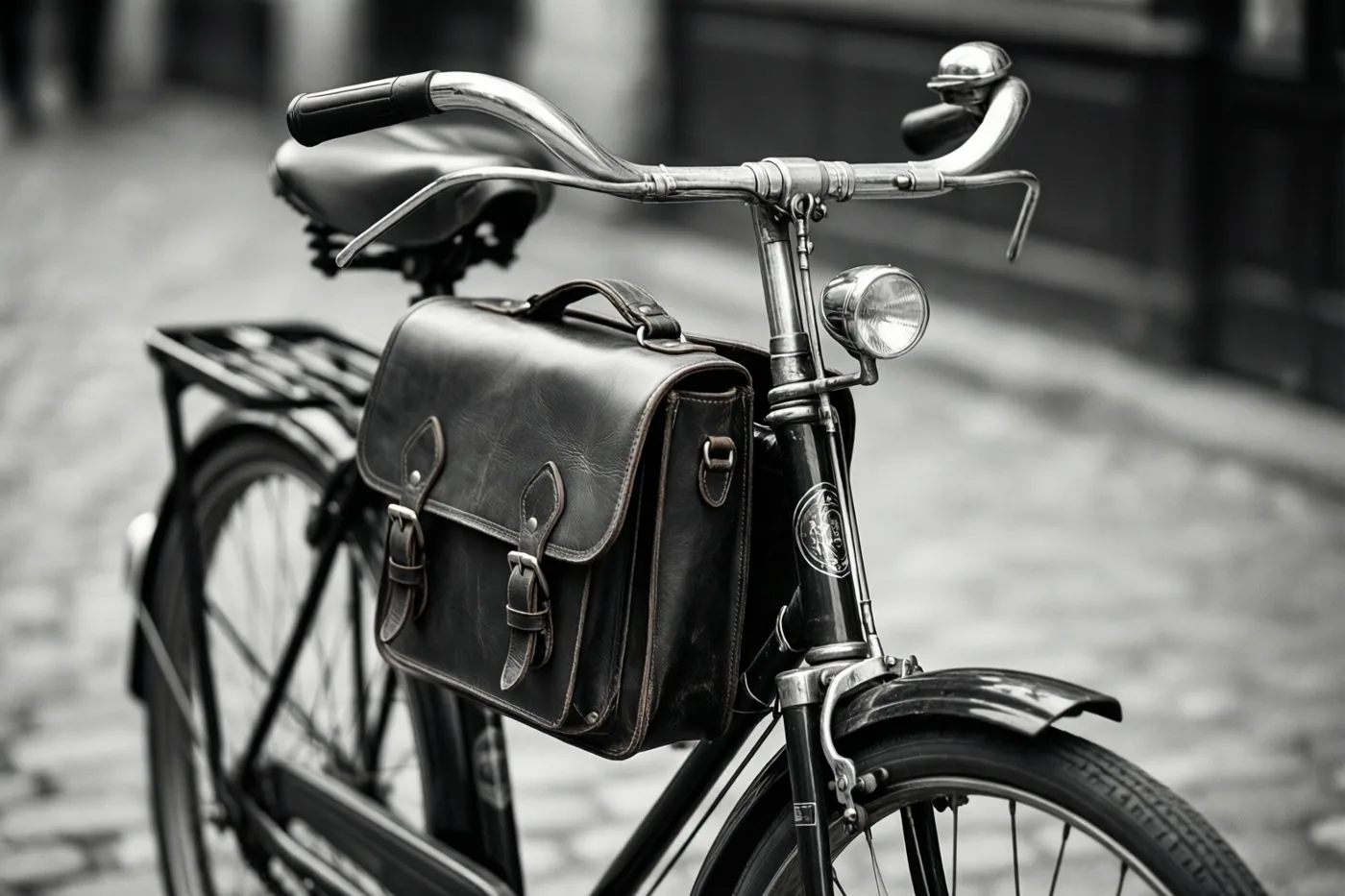 Een zwart-witbeeld toont een fiets uit de jaren zestig met een leren boekentas op de achterdrager in een kasseistraat.