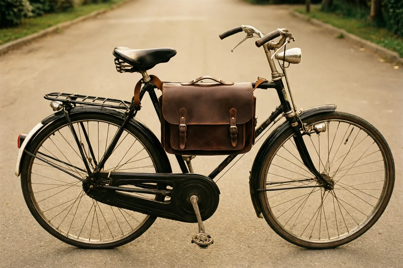 Een fiets uit de jaren zestig met een bruine leren boekentas vastgemaakt aan de voordrager staat op een verharde weg in zacht licht en warme aardetinten.