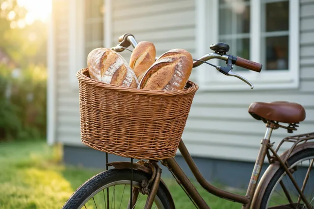 Een oude fiets met een rieten mand vol vers brood leunt tegen een huis in warm, goudkleurig ochtendlicht.