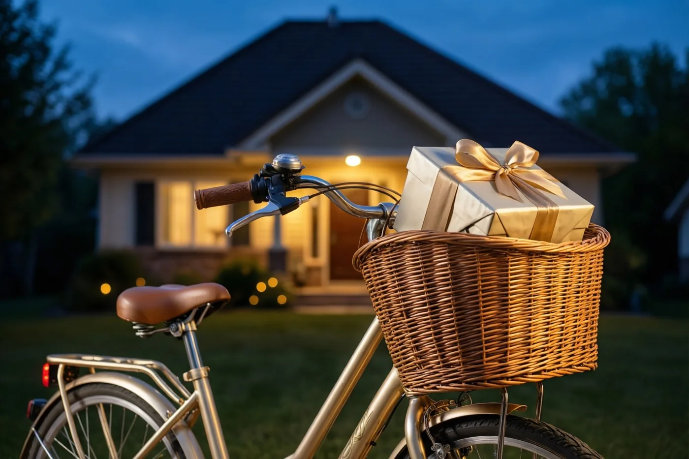 Een fiets met een geschenkdoos met een gouden lint in een rieten mand staat bij schemering voor een warm verlicht huis onder een blauwe avondhemel.