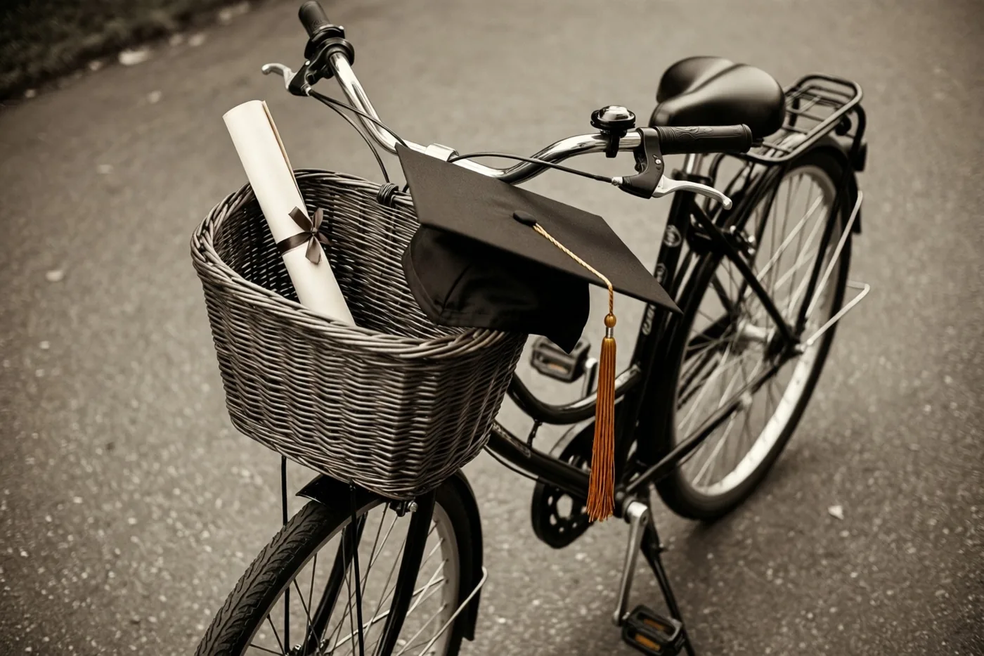 Een zwarte fiets met een opgerold diploma en een afstudeerhoed in de rieten mand staat op asfalt in sepiatinten.