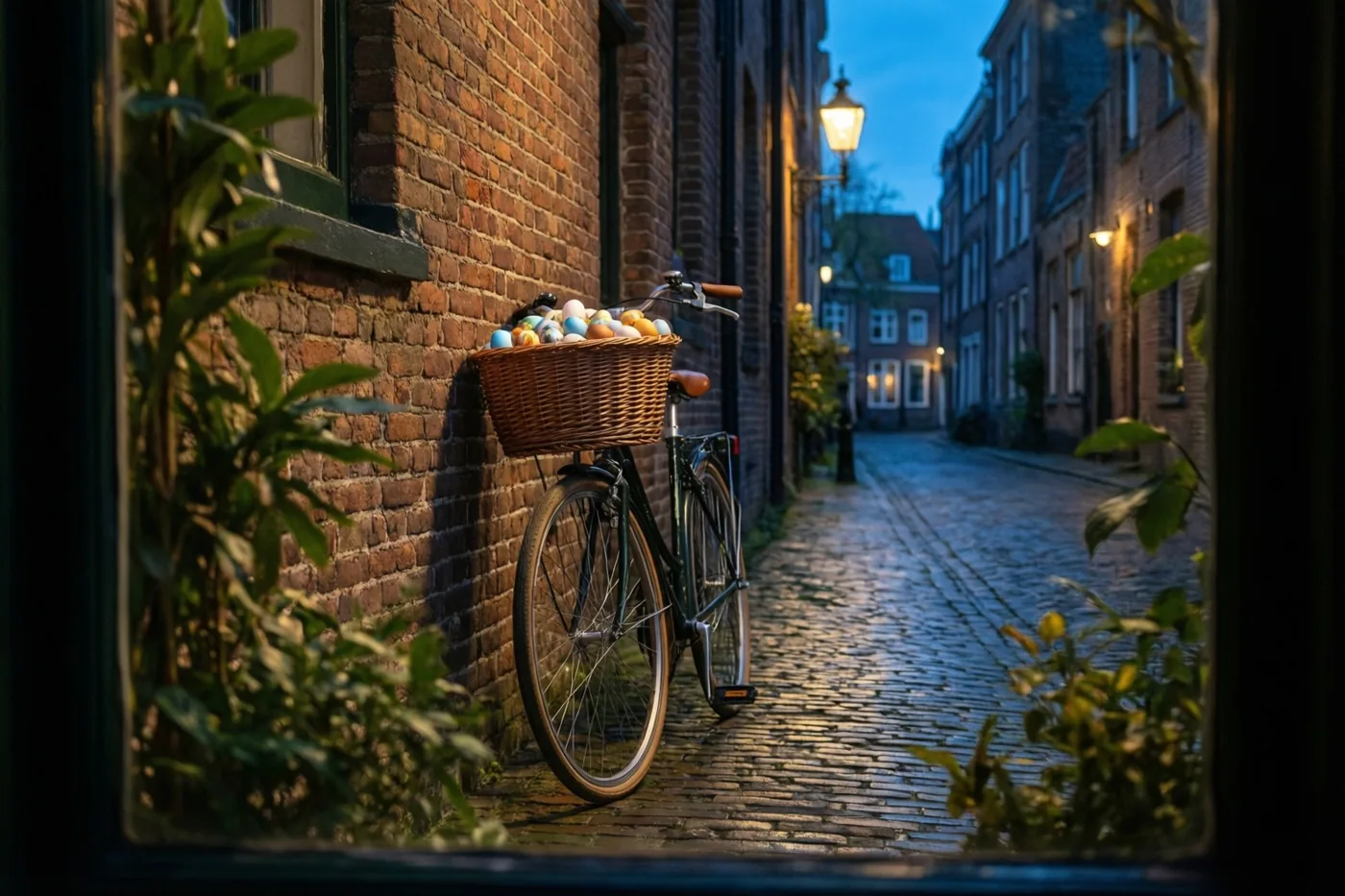 Door een raam is een fiets met een rieten mand vol kleurrijke paaseieren te zien tegen een rode bakstenen muur in een smalle kasseistraat, verlicht door straatlampen onder een donkerblauwe schemerlucht.