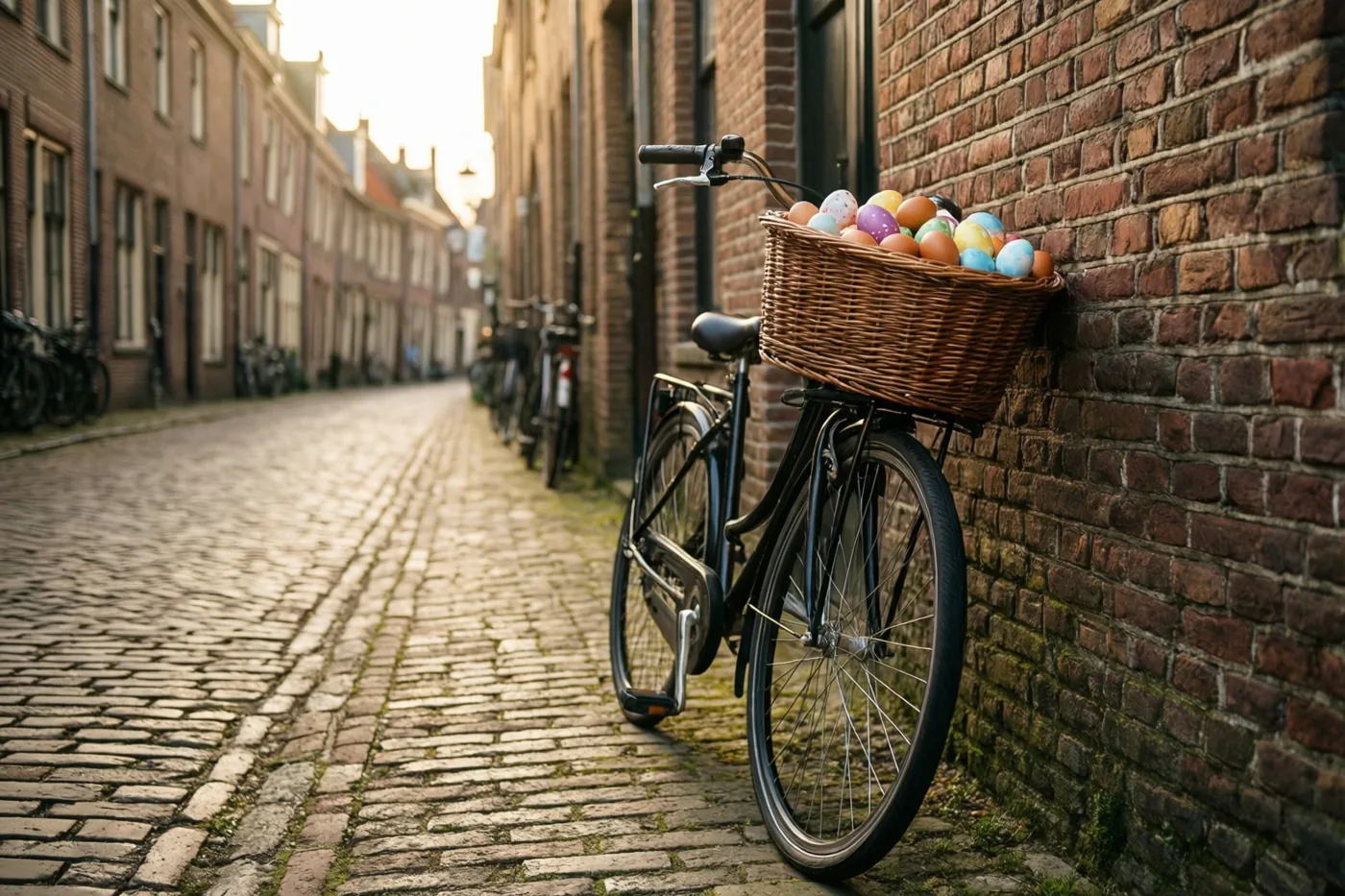 Een fiets met een overvolle rieten mand kleurrijke paaseieren leunt tegen een rode bakstenen muur in een smalle kasseistraat in warm gouden zonlicht.