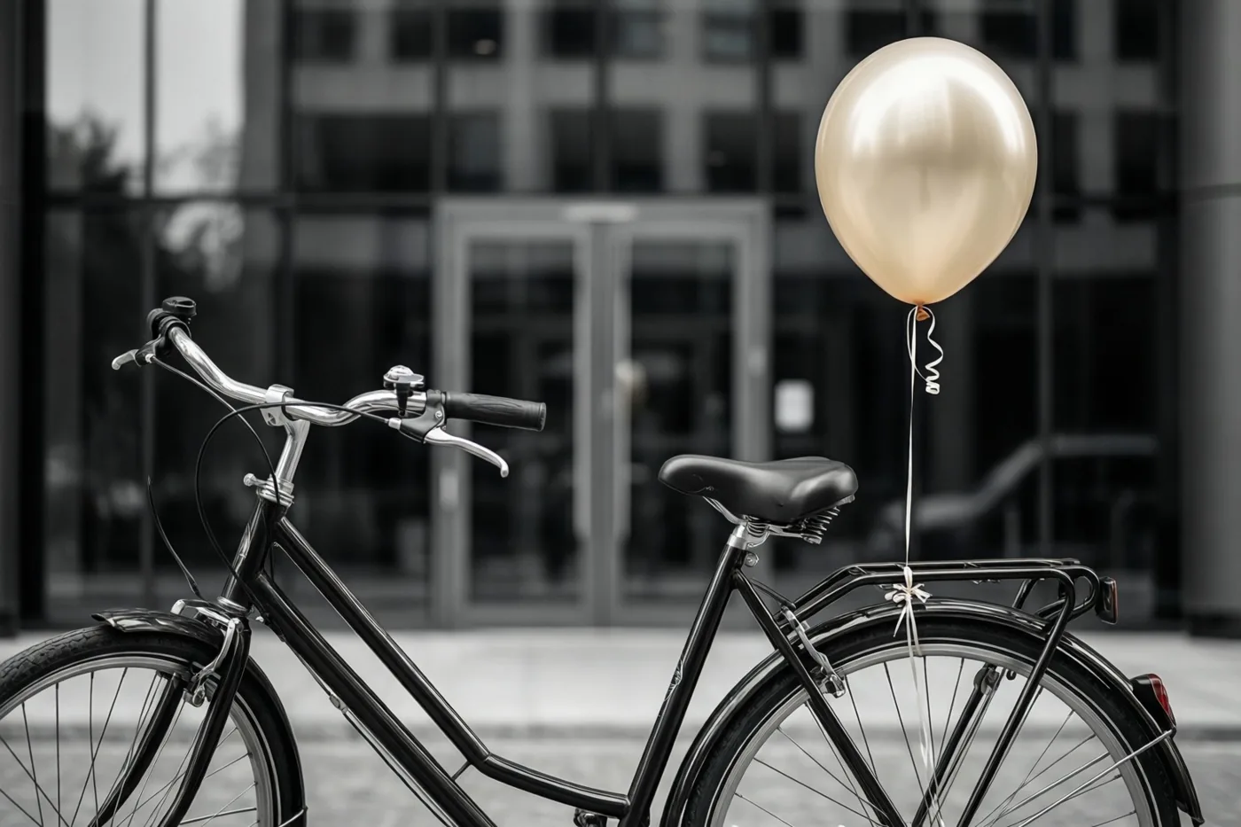 Een zwarte fiets met een gouden ballon aan de bagagedrager staat voor een glazen kantoorgebouw in een verder vrijwel zwart-wit beeld.