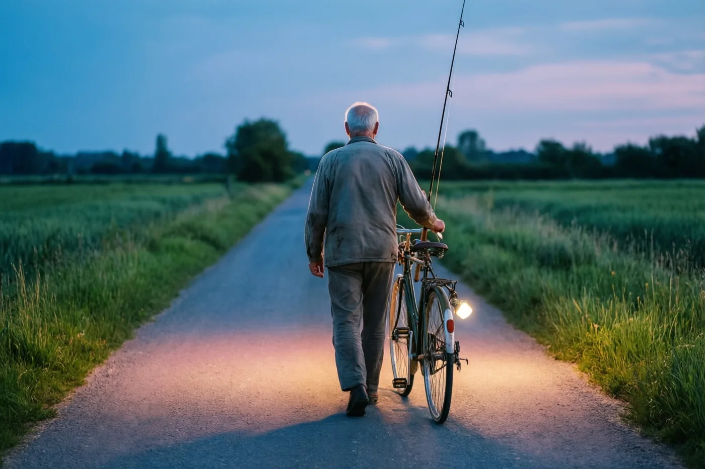 Een oudere man met grijs haar loopt van achteren gezien over een landweg met een oude fiets aan de hand en een hengel eraan bevestigd, onder een blauw-roze schemerlucht met warm oranje fietslicht.