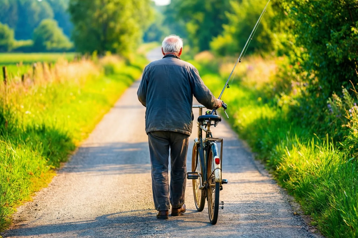 Een oudere man met wit haar duwt van achteren gezien een oude fiets met een bevestigde hengel over een landelijke grindweg, met groen gras en bomen aan weerszijden in warm zonlicht.