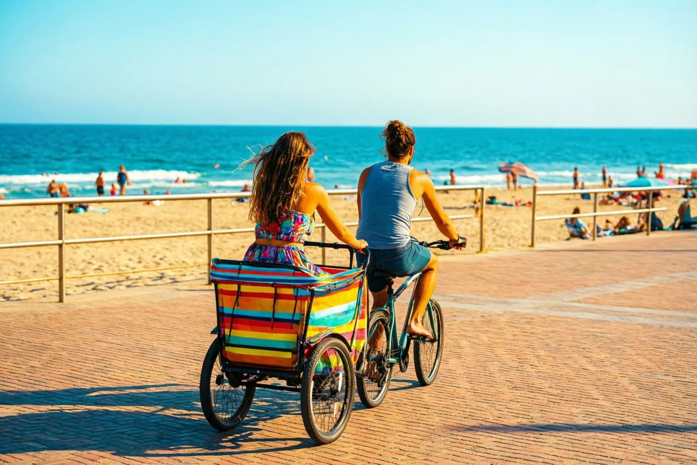Twee vrienden fietsen van achteren gezien met een kleurrijk gestreepte kar over een met bakstenen verharde zeedijk, naast een zandstrand en turquoise zee onder een helderblauwe hemel.