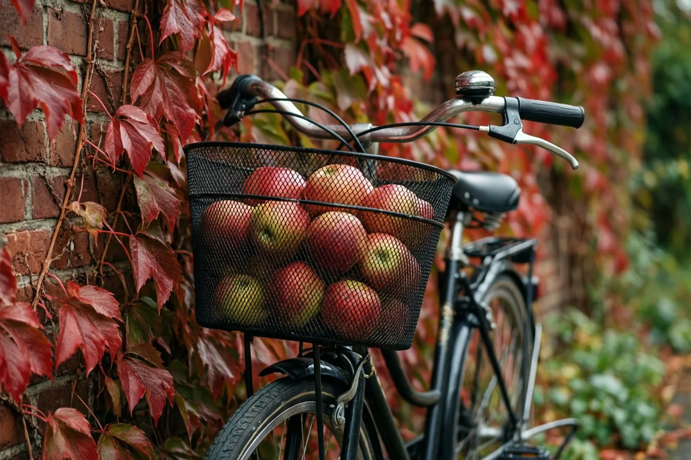 Een fiets met een mand vol rode en groene appels leunt tegen een bakstenen muur die bedekt is met rode herfstbladeren.