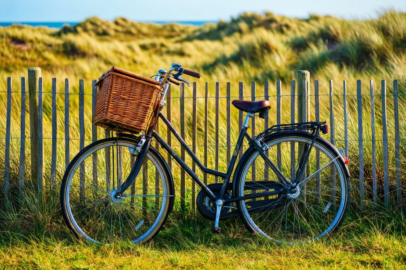 Een oude fiets met een rieten mand staat tegen een houten hek in begroeide duinen, met de zee in de verte onder een helderblauwe hemel.