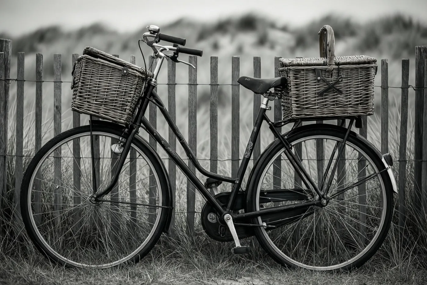 Een zwart-witfoto toont een oude fiets met rieten manden tegen een houten hek in een duinlandschap.