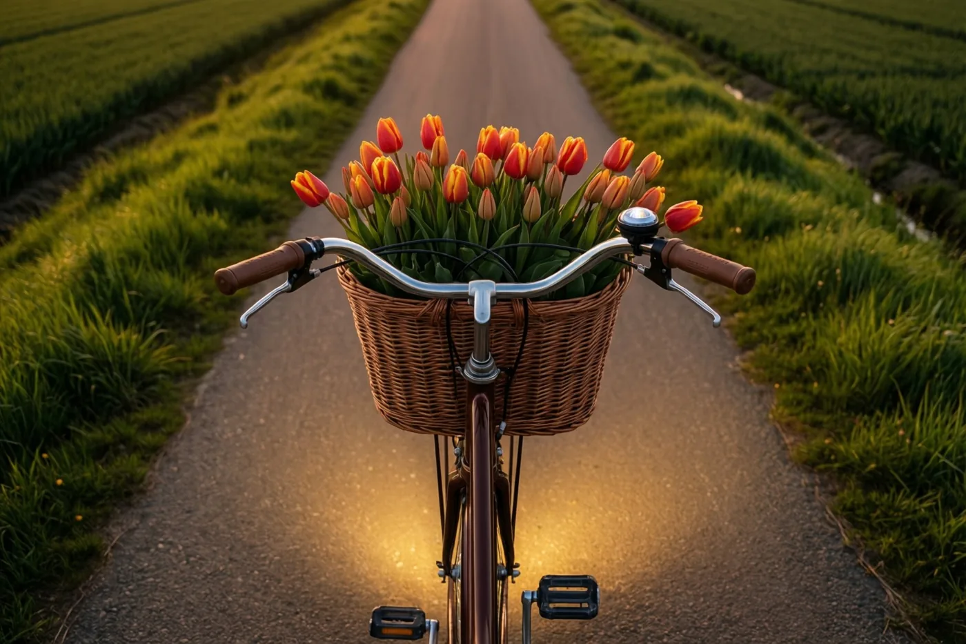 Een fiets met een rieten mand vol rode en oranje tulpen staat op een smalle verharde weg door een groene polder in warm licht.