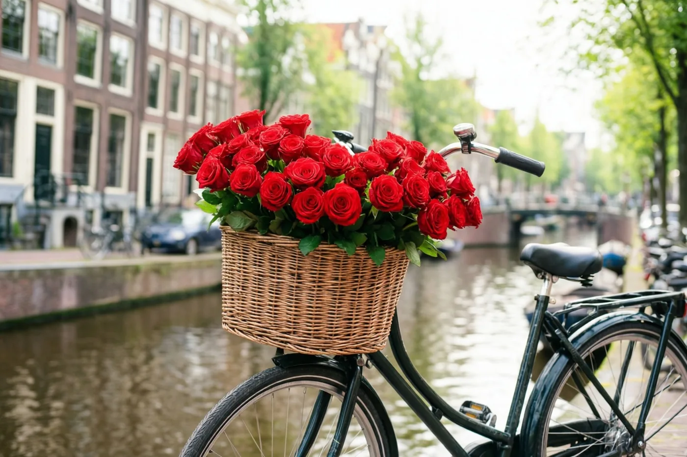 Een fiets met een rieten mand vol rode rozen staat naast een kanaal, met oude bakstenen gebouwen en groene bomen op de achtergrond in helder daglicht.